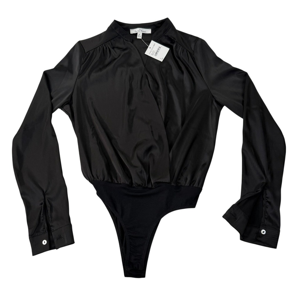 Love Tree Womens Small Satin Wrap Bodysuit Black Long Sleeve V Neck NWT